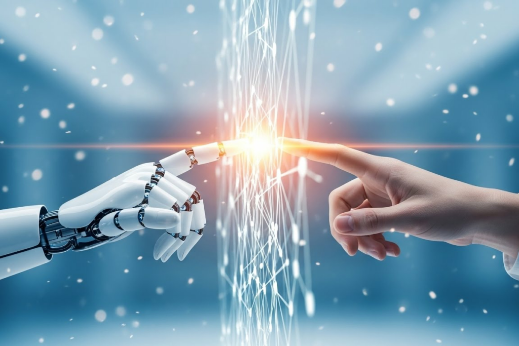 “Human finger touching a robot finger, symbolizing Asimotech’s expertise in AI, digital transformation, software development, and intelligent automation solutions.”