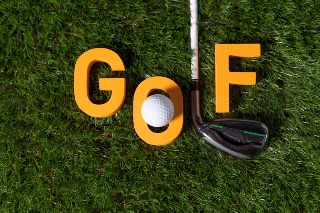 “Creative lettering spelling ‘GO’ with a golf ball inside the ‘O’ and a golf club forming the ‘F’, set on a golf course, representing the Professional Group $1 Golf Day Challenge 2023.”