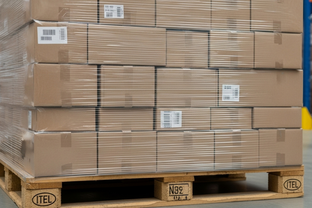 “Boxes stacked on a pallet wrapped in plastic, representing The Pallet Sock Company’s secure pallet protection and packaging solutions.”