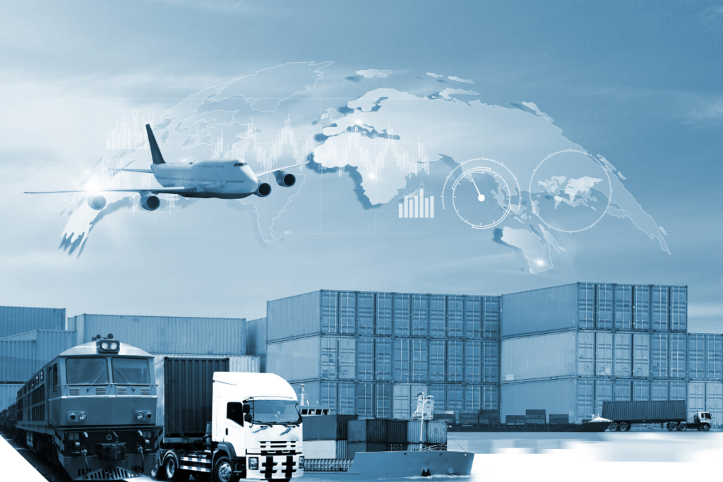“Ship, airplane, truck, and containers with a world map in the background, representing Professional International Holdings’ expertise in freight forwarding, cross-border transport, and end-to-end logistics solutions.”
