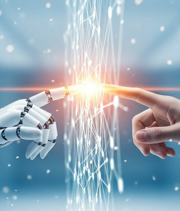 “Human finger touching a robot finger, symbolizing Asimotech’s expertise in AI, digital transformation, software development, and intelligent automation solutions.”