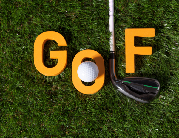 “Creative lettering spelling ‘GO’ with a golf ball inside the ‘O’ and a golf club forming the ‘F’, set on a golf course, representing the Professional Group $1 Golf Day Challenge 2023.”