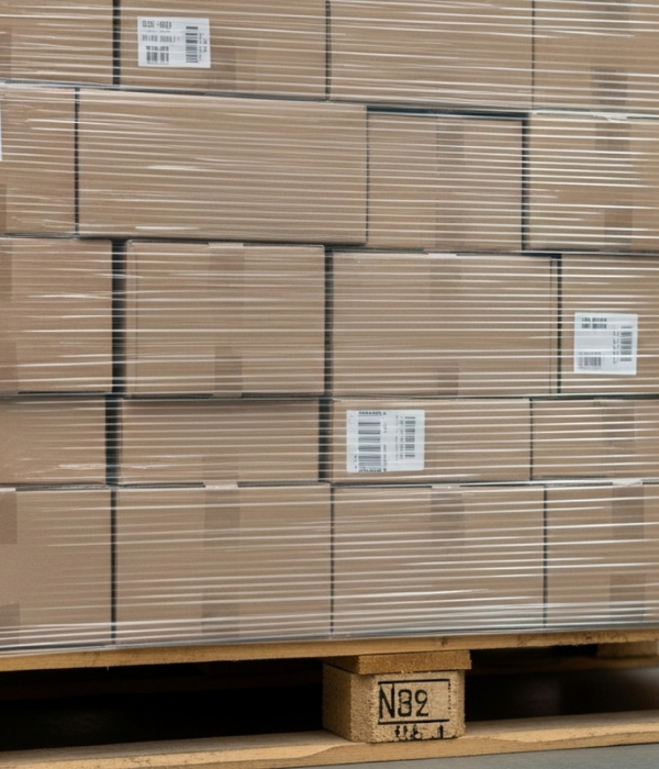 “Boxes stacked on a pallet wrapped in plastic, representing The Pallet Sock Company’s secure pallet protection and packaging solutions.”