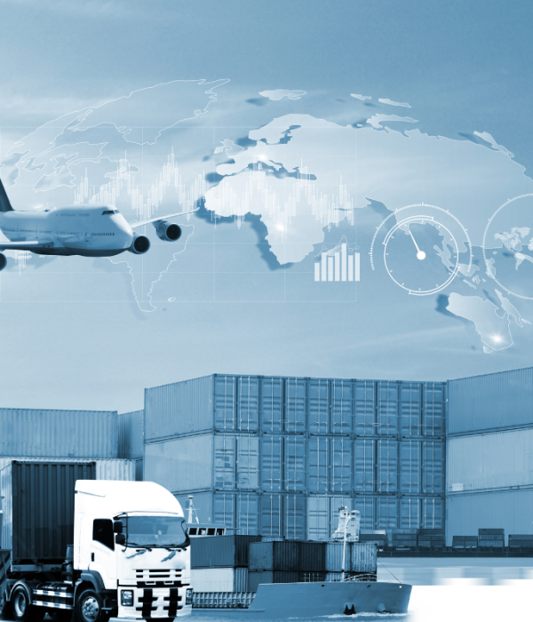 “Ship, airplane, truck, and containers with a world map in the background, representing Professional International Holdings’ expertise in freight forwarding, cross-border transport, and end-to-end logistics solutions.”